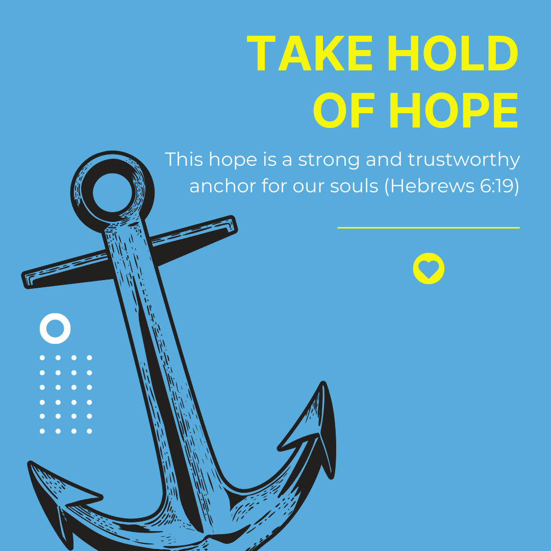Large black anchor on a blue background with the camp theme in yellow text and camp verse in white smaller text
