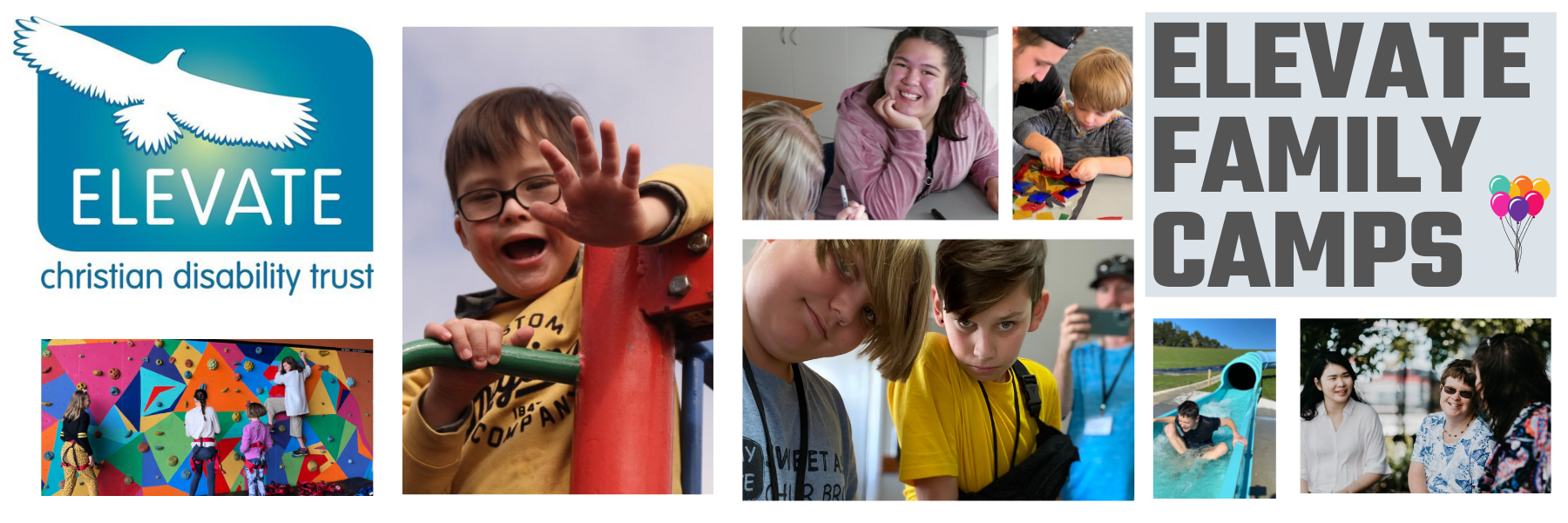 A selection of camp photos with children smiling, waving, doing crafts, rock climbing and parents chatting with the Elevate logo and the words 'Elevate Family Camps'