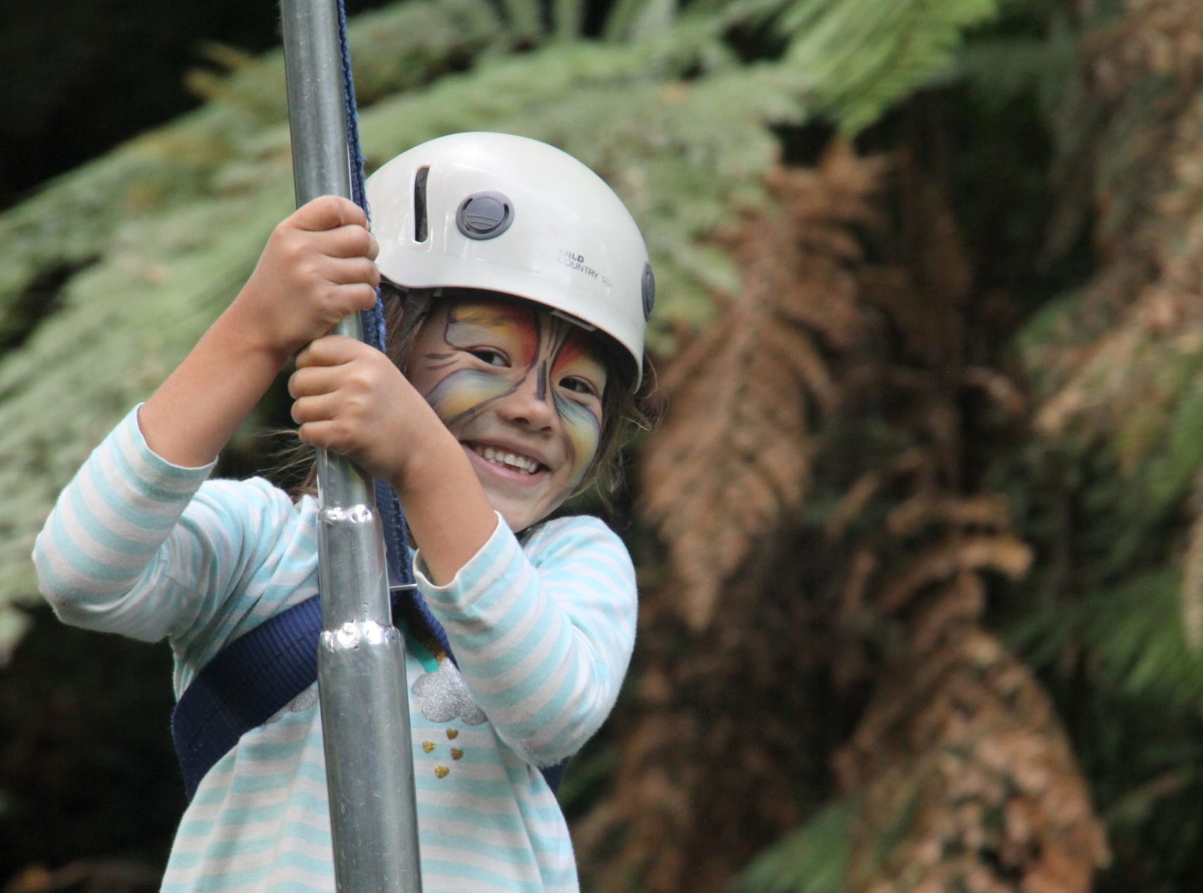 A young girl wearing a helmet going down a zipline with her face painted like a butterfly