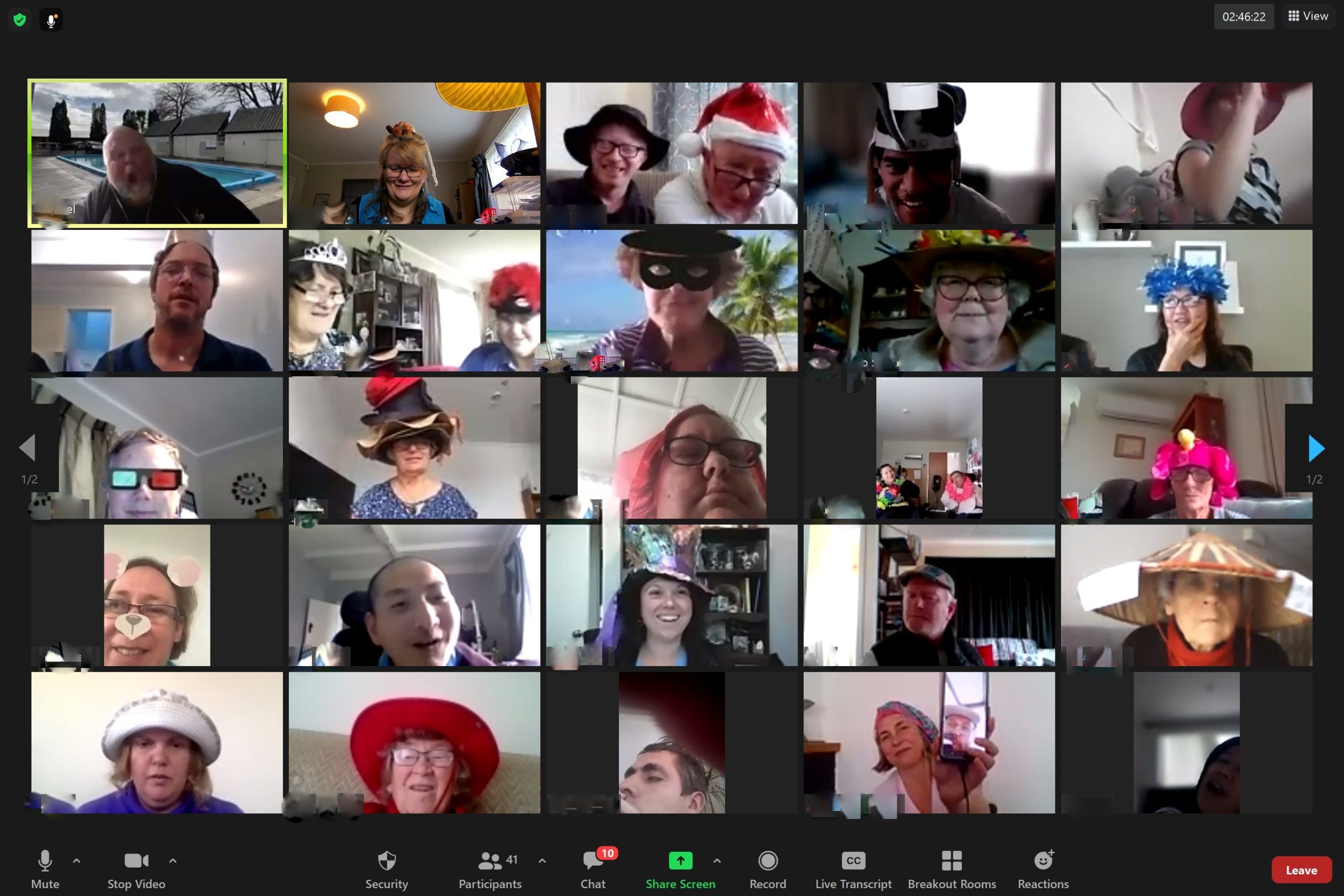 Zoom photo from previous online camp - everyone's wearing crazy hats