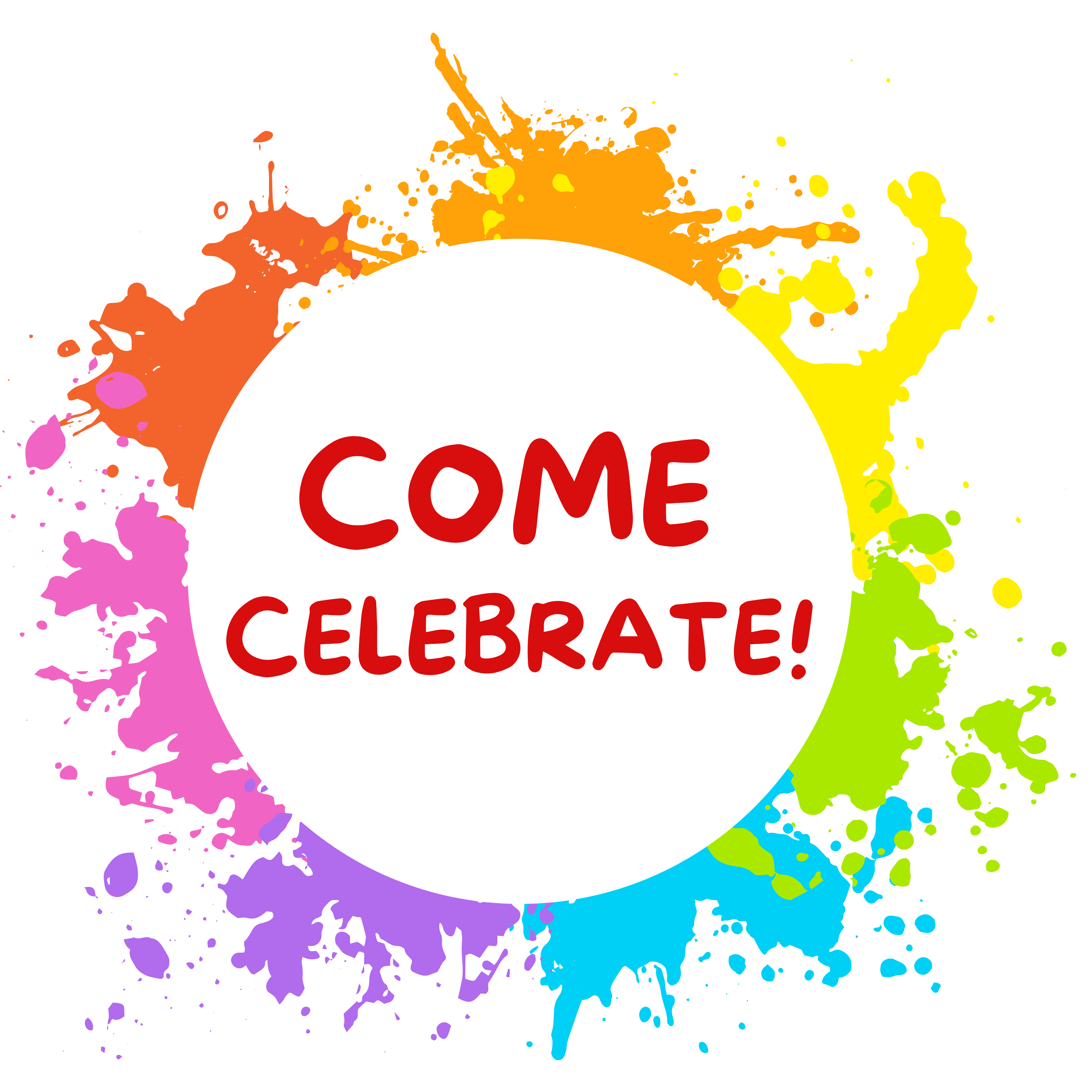 Camp Logo: the words 'come celebrate!' inside a colourful paint splatter circle