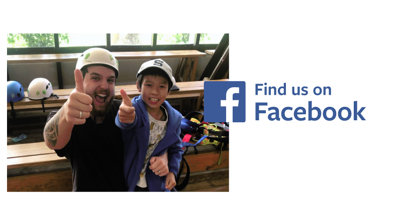 A leader and camp smiling and giving 'thumbs up' with the caption: find us on Facebook